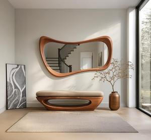 Miroir mural artisanal en bois de noyer Art Déco asymétrique ondulé léger et écologique pour la décoration intérieure à prix abordable - Product Image 3