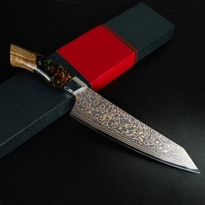 Couteau de chef de cuisine en cuivre damas de qualité supérieure avec manche en bois profilé pour la découpe - Product Image 2