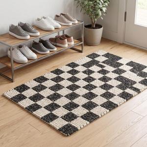 Handwoven Anti-Slip Medium Pile Wool <b>Rug</b>-<b>Black</b> <b>and</b> <b>Cream</b> Solid Color Modern Loop Pile Area <b>Rug</b> with Cotton Canvas Backing - Product Image 2