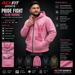 REXFIT SPORTS 2026 Sweat à capuche rose pour homme avec fermeture éclair intégrale et motif, 280-300 GSM, en molleton de coton et polyester, style streetwear, gym, décontracté - Product Image 1