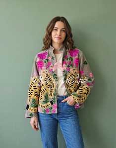 Handcrafted Woven Velvet Tiger Embroidered <b>Quilted</b> Jacket Artisanal Rajasthani Festive Winter Boho Breathable Eco-Friendly Thick - Product Image 4