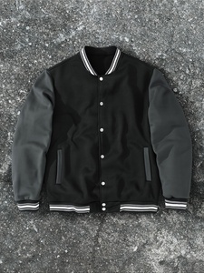 Men's Black Bomber Jacket Turn-Down Collar Knitted Polyester Casual Autumn Style Single Button Closure - Product Image 1