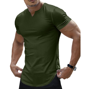 T-shirt en maille à col rond et manches courtes pour homme, vert olive, coupe ajustée, couleur unie, polyester, logo frontal, respirant - Product Image 5