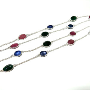 Collier en pierres précieuses multicolores naturelles, argent sterling 925, chaîne longue de 30 pouces, fait main, vert, rouge, bleu, style bohème, certifié - Product Image 3