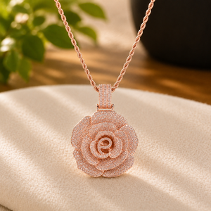 Collier pendentif breloque fleur de rose plaqué or blanc, serti de moissanite VVS1, bijoux hip-hop, cadeau - Product Image 3
