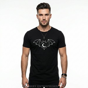 T-shirt en coton noir personnalisé pour homme, broderie gothique de chauve-souris de haute qualité, manches courtes, décontracté, fournisseur Alibaba - Product Image 5