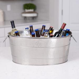 Grande cuve ovale en acier inoxydable martelé pour boissons, idéale pour les fêtes et les réceptions – Seau à glace robuste en métal argenté pour refroidir les boissons - Product Image 2