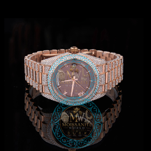 Reloj de Cuarzo Analógico de Lujo para Mujer Moissanite World, 40 mm, Oro Rosa, Bisel con Diamantes, Cristal de Zafiro, Cierre Desplegable - Product Image 1