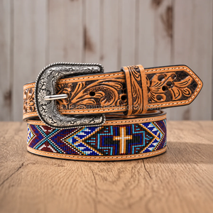 Cinturón de Cuero Estilo Western al por Mayor para Hombre y Mujer, Cinturón Vaquero con Diseño Floral Grabado a Mano, Cuentas Multicolores y Hebilla Plateada - Product Image 3