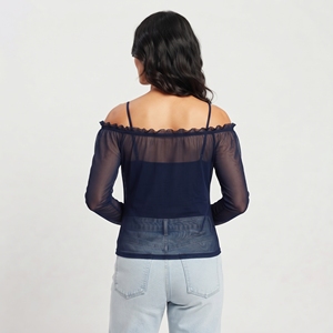Women's Off The Shoulder <b>Mesh</b> Blouse With Full Sleeve 100% Polyester Sheer <b>Mesh</b> <b>Top</b> Off Shoulder Shirt <b>Top</b> Women - Product Image 2
