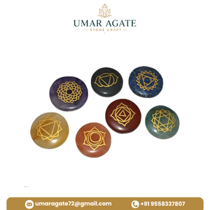 Juego de piedras de cristal de chakra, 7 discos redondos de piedras preciosas grabados con símbolos de Reiki para decoración del hogar, forma circular pulida - Product Image 5