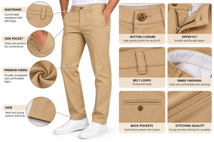 Pantalon décontracté kaki coupe droite pour homme avec poches latérales, en tissu de coton anti-plis, poids moyen, braguette boutonnée, devant plat, haute qualité - Product Image 5