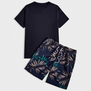 Conjunto de Camiseta Casual de Verano para Hombre con Pantalones Cortos con Estampado Tropical Naranja, Cuello Redondo, 100% Algodón, Tejido Transpirable - Product Image 2