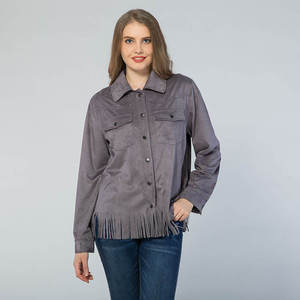 <b>Women's</b> Brown <b>Suede</b> Trucker <b>Jacket</b> Full Sleeve Fringed Turn-down Collar Autumn Style - Product Image 6