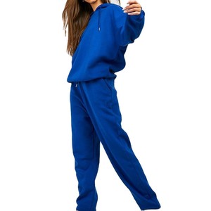 Ensemble de survêtement bleu à capuche pour femme, coupe décontractée, sweat-shirt et pantalon de couleur unie à manches longues avec poches latérales, vêtements d'automne - Product Image 1