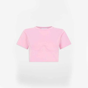 T-shirt court décontracté pour femme en coton rose à col rond et manches courtes, couleur unie, tissu jersey respirant, avec logo, 220g, Printemps-Été - Product Image 6