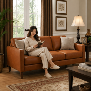 Genuine Leather Three Seat <b>Sofa</b> <b>With</b> Wood Legs Tight Back Square Arms Traditional Living Room Furniture Leather <b>Sofa</b> - Product Image 4