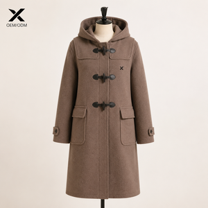 Manteau long en laine mélangée à capuche pour femme, style duffle, avec fermeture à boutons, teint uni, décontracté, personnalisable avec logo, chaud, pour l'hiver, OEM/ODM - Product Image 1
