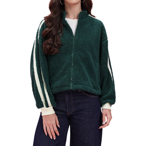 Women's Green Fleece Jacket With White Stripes Stand Collar Zipper Full Sleeve Winter Warm <b>Coat</b> - Product Image 2