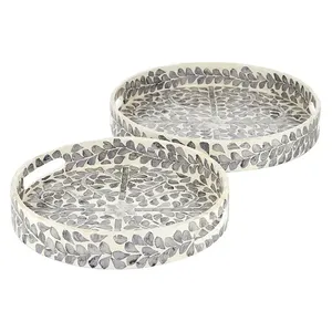Plateau rond en nacre gris ardoise avec motif feuille de vigne en mosaïque, finition lisse, pour la décoration intérieure - Product Image 1