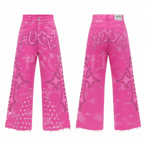 OEM ODM Autumn Winter Cotton Denim <b>Jeans</b> Custom Silver Star Studs & Distressed Hem Fashionable Streetwear Sweat Pants - Product Image 3