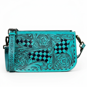 2026 Turquoise Genuine Leather Lightweight Shoulder Bag Floral Tooling Diamond Lattice Pattern Single Strap Zip Closure Bohemian - Product Image 1
