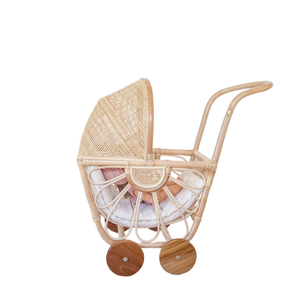 Cochecito de muñecas de mimbre natural estilo vintage hecho a mano con capota, juguete educativo para bebés - Product Image 4