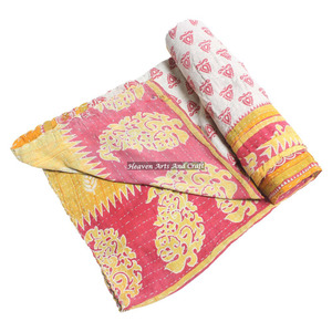 Indigo Block Print Kantha Quilt Handmade Cotton <b>Bedspread</b> Hand Block Printed Kantha Quilt Home Decor Indian Reversible Quilt - Product Image 5