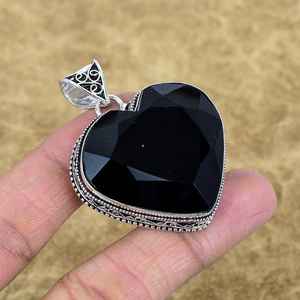 Pendentif en spinelle noire facettée naturelle, fait main, en argent sterling 925, forme cœur, pierre précieuse, bijoux vintage - Product Image 3