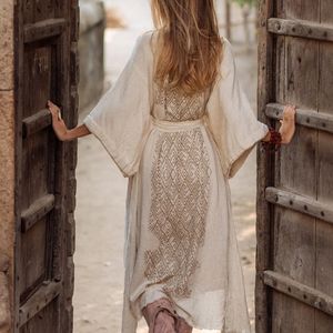 Robe Kimono Cardigan pour Femme, Cape Enveloppante Tribal Ibiza, Robe Bohème en Coton Brut, Cache-maillot Rose Poudré - Product Image 2