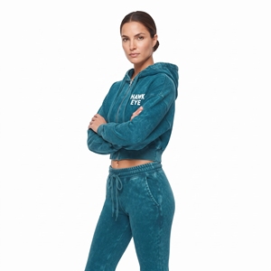 Conjunto de dos piezas con lavado ácido, sudadera corta de felpa 100% algodón y pantalón jogger acampanado, diseño de logotipo personalizado, chándal para mujer - Product Image 6