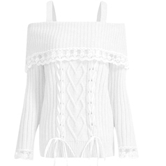 Women's Long Sleeve Cold Shoulder Lace Knit Sweater Tops with Bow Front and White Tie Detail - Product Image 1