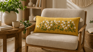 Cojín Lumbar Bordado a Mano con Diseño Botánico de Flores Silvestres, Estilo Boho, en Algodón Ecológico Color Mostaza, Blanco - Product Image 1