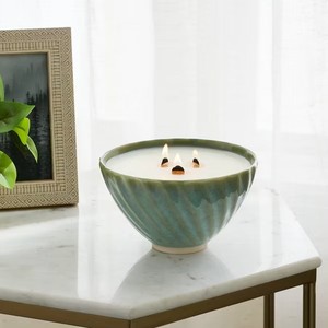 Vaso de cerámica superventas para velas con triple mecha de madera, cuenco ancho, acabado de brillo suave, reutilizable, decoración de lujo para el hogar, estilo de larga duración. - Product Image 6
