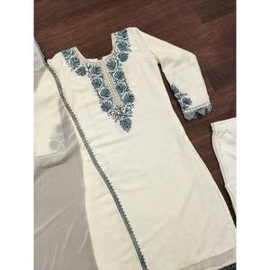 Desainer GEORGETTE bordir <span class=keywords><strong>JHALAR</strong></span> renda atas bawah dengan DUPATTA putih - Product Image 1