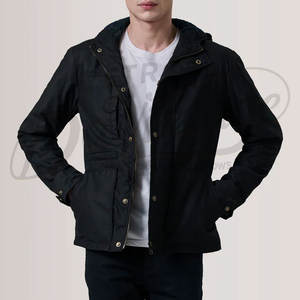 Veste en toile cirée noire pour homme, résistante à l'eau, à capuche, veste de plein air décontractée, coupe ajustée, veste de campagne en coton avec poches - Product Image 1