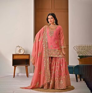 Indian Sequin Embroidered Sharara Gharara <b>Kurti</b> Set Pakistani Designer Ethnic Wear 3 Pcs Stitched Combo Georgette Fabric - Product Image 1