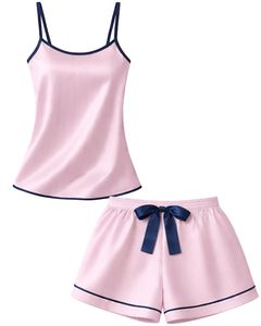 Ensemble pyjama en satin rose clair et bleu marine pour femme, vêtements de nuit en soie, caraco à bretelles spaghetti et short, vêtements de nuit doux et luxueux, tenue de détente estivale - Product Image 1