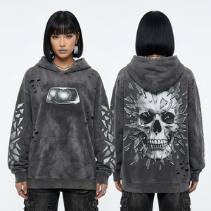 Sweat-shirt à capuche gris foncé délavé effet usé pour femme, motif verre brisé, coupe oversize, imprimé crâne éclaté - Product Image 1
