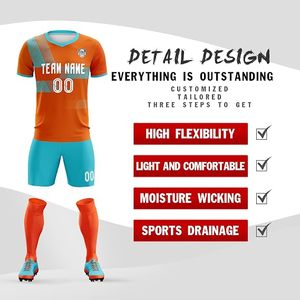 Uniforme de Fútbol Personalizable Naranja con Detalles Azules, Impresión por Transferencia de Calor, Cuello en V, Transpirable e Impermeable, Unisex para Adultos - Product Image 3
