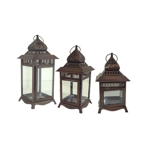 Juego de Faroles Colgantes Cuadrados de Metal Rojo para Velas, Decorativos con Recortes de Hoja de Palma, Techo Piramidal, Asa de Alambre en la Parte Superior y Cristal Transparente - Product Image 3