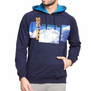 Sudadera con Capucha Personalizada con Estampado de Montaña Azul Marino para Hombre, Sudadera con Capucha y Mangas Raglán, Sudadera con Capucha en Contraste, Ropa Urbana al por Mayor - Product Image 1