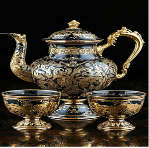 Exquisita tetera de filigrana azul marino y dorada con tazas a juego. Obra maestra disponible a precios de mayorista. - Product Image 1