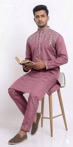 High Quality Fancy Silk with Top-Side Embroidered Readymade Full-Sleeve <b>Kurta</b>-Same Color Polo Pant Collection At Wholesale Rate - Product Image 4