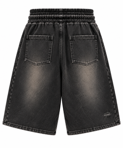 Oversized Double Waist Acid Wash French Terry <b>3</b>/<b>4</b> Sweat <b>Shorts</b> Black Sunfade Streetwear Ganymede International - Product Image 2
