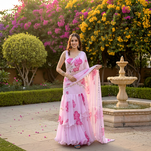 Hermoso sari floral rosa listo para usar para mujeres, ideal para bodas y fiestas, estilo tradicional indio pakistaní. - Product Image 1