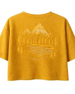 Camiseta Amarilla para Mujer con Bordado de Paisaje Montañoso, Camiseta Corta de Algodón, Manga Corta, Estilo Casual, Holgada, con Estampado Gráfico, Venta al por Mayor6 - Product Image 4