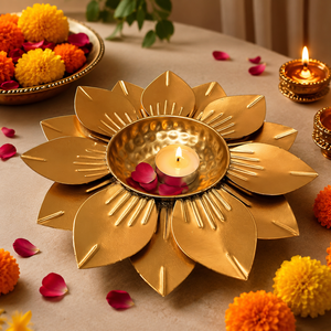 Handcrafted Golden Lotus Urli <b>Bowl</b> Floating Flowers Diyas <b>Metal</b> Centerpiece Christmas Home Decor - Product Image 5