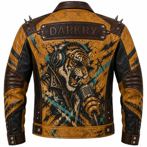 Yellow Mens Leather Jacket Tiger Graphic Print Spiked <b>Studded</b> Biker Coat Lapel Collar Custom OEM ODM Factory Wholesale Supply - Product Image 2