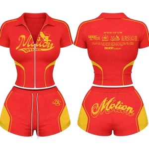 Motion Apparel Women's <b>Red</b> Yellow Zipper Short Sleeve Crop Top Shorts Set Breathable Casual Summer Outfit - Product Image 1